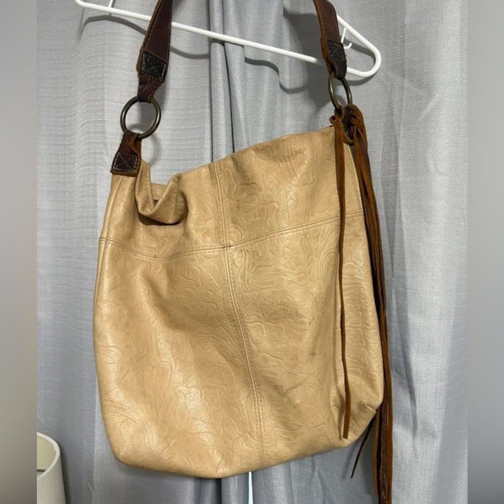 Beige Embossed Leather Shoulder Bag